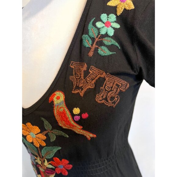 Johnny Was LA JWLA Black Knit Dress with Floral Embroidered LOVE Birds - Picture 6 of 10